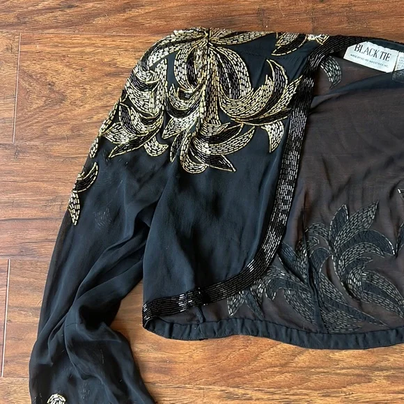 Vintage Black Sheer Beaded Cropped Top 100% Silk - Picture 2 of 5